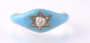 A VICTORIAN GOLD AND DIAMOND RING - OLD CUT DIAMOND AND ENAMEL