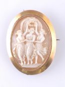 9CT GOLD 20TH CENTURY SHELL CAMEO LADIES BROOCH - THREE GRACES