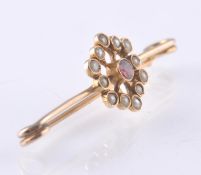 VICTORIAN 9CT GOLD SEED PEARL AND RUBY BAR BROOCH