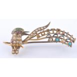 18CT GOLD AUSTRALIA KOOKABURRA PERIDOT, RUBY & PEARL BROOCH PIN