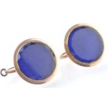 A PAIR OF ANTIQUE BLUE VAUXHALL GLASS AND GILT METAL EARRINGS