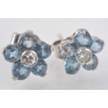 A PAIR OF 18CT WHITE GOLD, AQUAMARINE AND DIAMOND CLUSTER EARRINGS