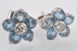 A PAIR OF 18CT WHITE GOLD, AQUAMARINE AND DIAMOND CLUSTER EARRINGS