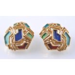 A PAIR OF 18CT GOLD AND ENAMEL EAR CLIPS