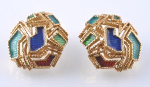 A PAIR OF 18CT GOLD AND ENAMEL EAR CLIPS