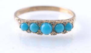 A HALLMARKED 9CT GOLD TURQUOISE & DIAMOND 5 STONE RING