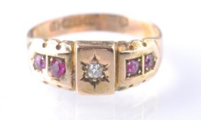 A VICTORIAN 15CT GOLD DIAMOND AND RUBY RING.