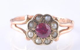 VICTORIAN 9CT GOLD SEED PEARL AND RUBY RING