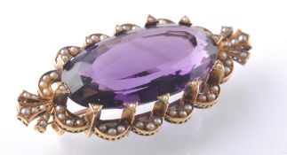 EDWARDIAN GOLD SEED PEARL AND AMETHYST LARGE BROOCH