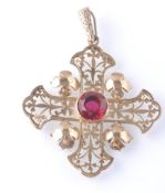 A 9CT GOLD GEM SET & BRANCH END CRUCIFIX - CROSS PENDANT