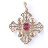 A 9CT GOLD GEM SET & BRANCH END CRUCIFIX - CROSS PENDANT