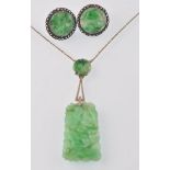 18CT WHITE GOLD DEMI PARURE JADE 3 PIECE NECKLACE PENDANT EARRINGS