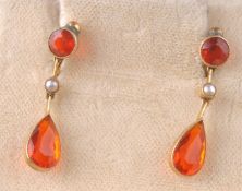 A PAIR OF EARLY 20TH CENTURY SPESSARTINE GARNET & PEARL EARRINGS