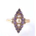 VICTORIAN 18CT GOLD AMETHYST AND HALF PEARL NAVETTE RING