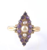 VICTORIAN 18CT GOLD AMETHYST AND HALF PEARL NAVETTE RING