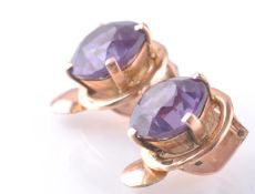 A PAIR OF 14CT ROSE GOLD & SAPPHIRE EAR CLIPS