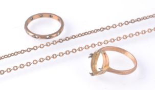 TWO 9CT GOLD RINGS TOGETHER WITH 9CT GOLD CHAIN ( ALL AF )