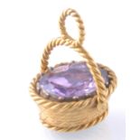 19TH CENTURY GOLD AMETHYST FOB HAIR LOCKET IN FORM OF BASKET