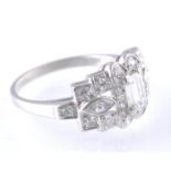 ART DECO PLATINUM AND DIAMOND RING EMERALD AND MARQUISE CUT