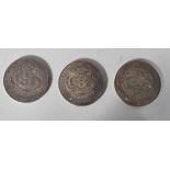 Three Chinese Kwang-tung Province 7 Mace and Candareens silver coins.