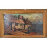 A 19th century oil on board painting of a Scottish loch and thatched glen house with fisherwoman and