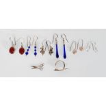 A selection of silver earrings to include a pair of bristol blue glass drop earrings, pair of