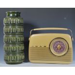 A vintage 20th Century West German fat lava floor vase / stick stand together with a vintage Bush FM