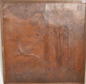 A early 20th Century Art Deco 1920's leather relief framed wall artwork picture depicting a