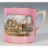 A 19th Century Victorian Pratt ware transfer-printed tankard on pink ground with two panels