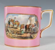 A 19th Century Victorian Pratt ware transfer-printed tankard on pink ground with two panels