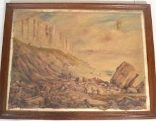 A large 19th century oil on canvas painting of a rocky coastline with heavy seas, ship in distress