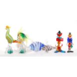 A collection of vintage 20th Century studio glass figurines by Murano to include a large cockerel,