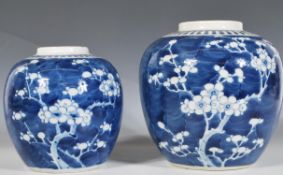 Two Chinese late 19th / early 20th Century blue and white Chinese ginger jars of bulbous form hand