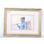 An early 20th Century watercolour on paper painting depicting a farmer with holding a hay fork