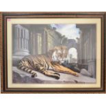 Charles Berry- A large framed and glazed print depicting a tiger laying amongst Roman ruins with