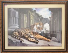 Charles Berry- A large framed and glazed print depicting a tiger laying amongst Roman ruins with