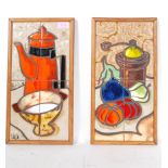 A pair of retro mid 20th Century framed ceramic tiles, one depicting a orange coffee pot and sugar