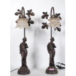 A 20th Century pair of bronzed table lamps modelled as classical females drinking water, the rose