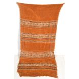 A 19th Century Victorian chenille door curtain / draft excluder on neutral ground vertical stripes