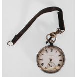 An early 20th Century silver hallmarked open face pocket watch having a white enamel face with Roman