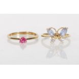 Two 9ct gold ladies rings to include an English hallmarked butterfly ring set with two marquise