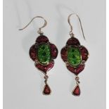 A pair of silver and enamel renaissance style drop earrings. Stamped 925. Gross weight 8.4g.