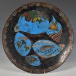 An antique Japanese Cloisonne wall charger plate having enamelled decoration depicting shells