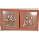 A pair of 20th century Thai screen prints on silk each depicting stylised teppanom Thai figures /