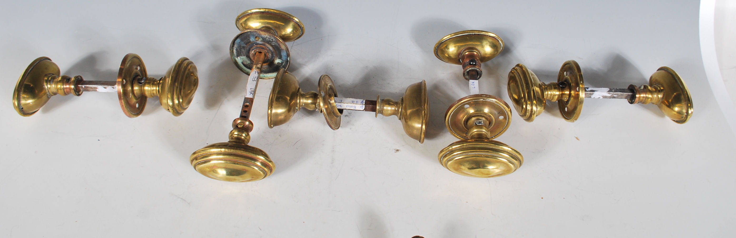 A group of five pairs of 19th Century Victorian brass door handles of oval stepped form. Each pair - Image 6 of 6