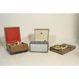 A selection of vintage portable record players to include a HMV cased record player with four