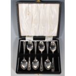 A set of six silver hallmarked cased coffee spoons, Sheffield assay marks with makers marks for