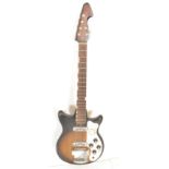 A retro mid 20th Century 1960's Stratocaster style six string electric guitar. Burn wood effect body