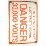 Enamel sign- A vintage 20th Century enamel sign reading 'South Western Electricity Board DANGER 33,