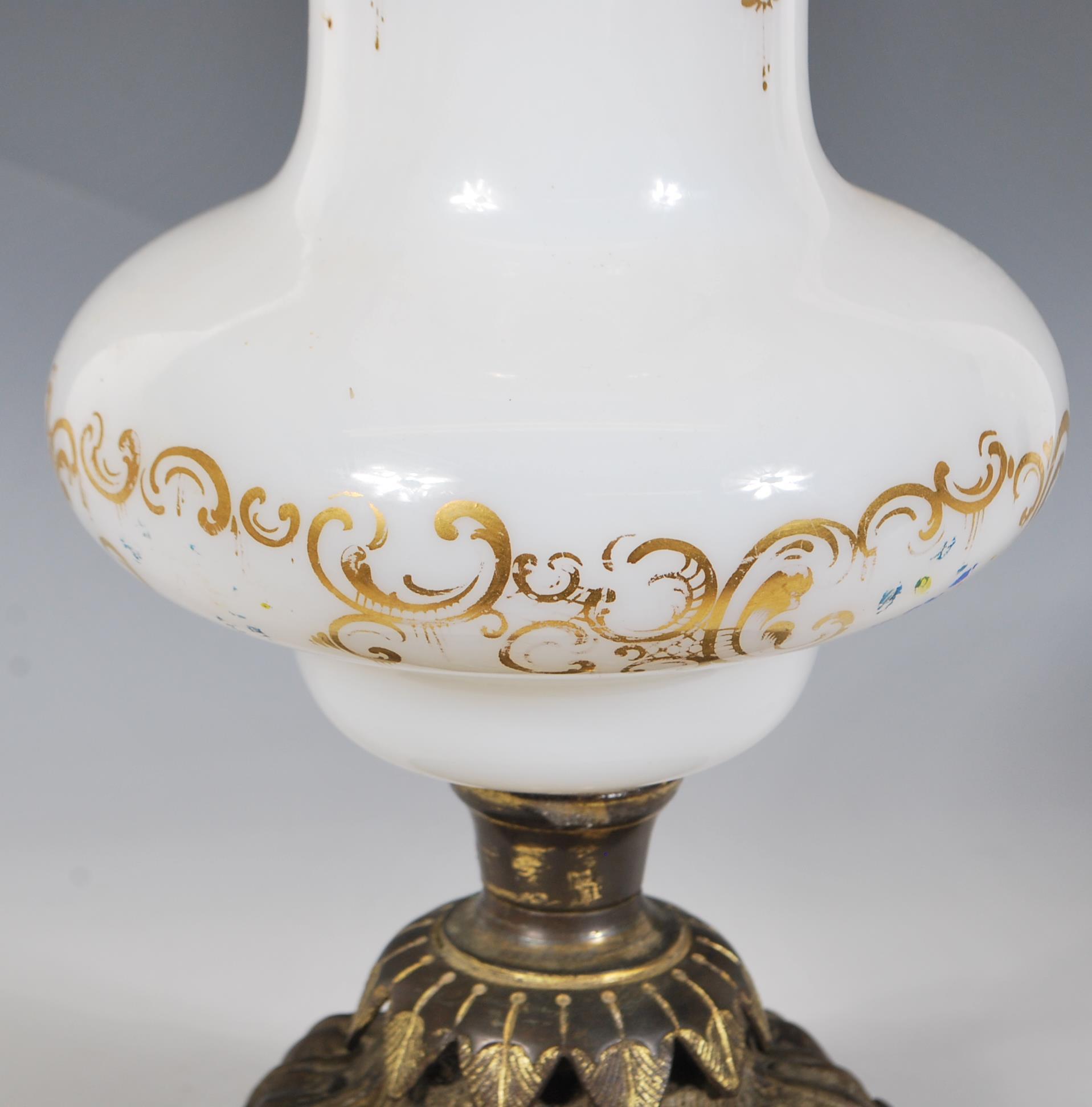 A 19th Century Victorian era milk glass centrepiece having a flared top and waisted neck raised on a - Image 3 of 7